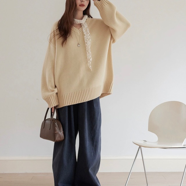Vネック ヒップ丈 長袖 ルーズ ニット　4col　SA10040