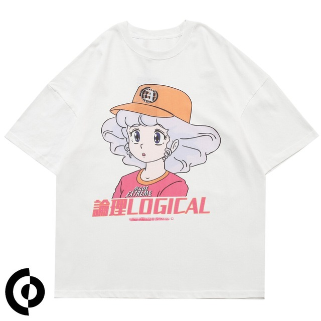 レトロガール 女の子 漫画柄 サブカル 白tシャツ Tシャツワンピース 半袖 メンズ ユニセックス レディース ブラック ドロップショルダー 肩落ち ビッグシルエット オーバーサイズ M L Xl 90s アニメ オタク 原宿ファッション かわいい ストリート