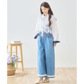 TRUBE ローズプリントデニムヘムクロップドシャツ【M~L】ホワイト