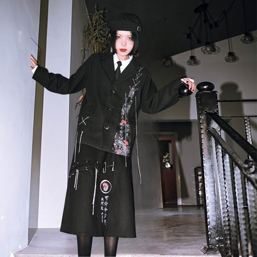 サブカル 服 地雷系 通販 チャイナ風服 チャイナ風服 古怪舎 スカート Aライン 刺繍 チェーン 安全ピン 暗黒 闇かわいい病み服