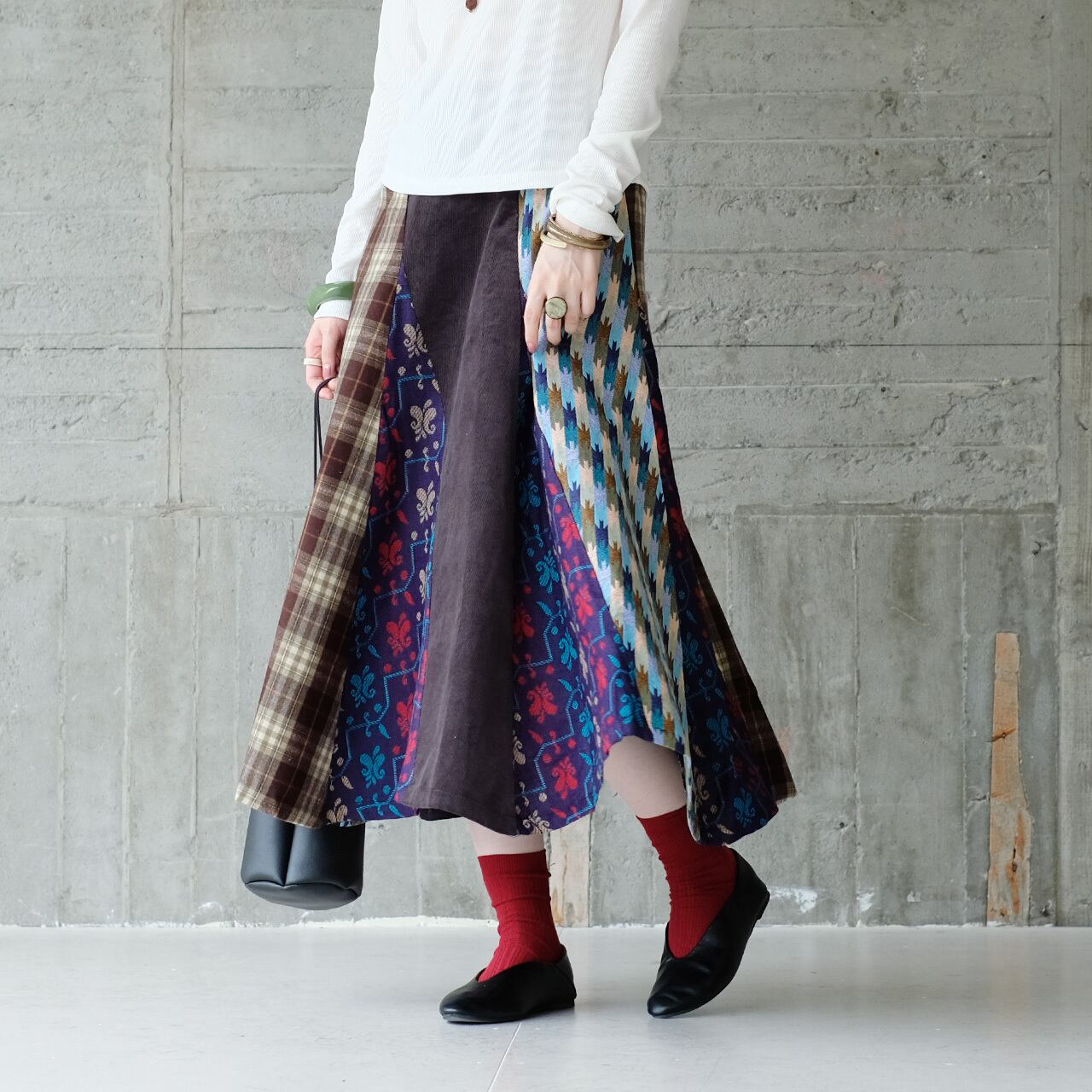 【復刻再販】パッと華やか!ダカ織ミックス斜めパッチワークロングスカート (23w-12)ブルー