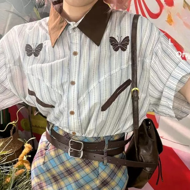 girly lovely butterfly embroidery striped shirt 1027