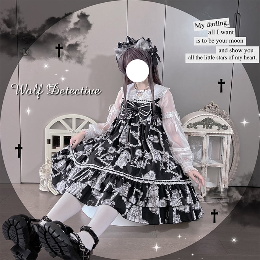 サブカル 服 地雷系 通販 JSK 狼探偵 リボン アニマルプリント ロリータ ゴスロリ かわいい 控えめ