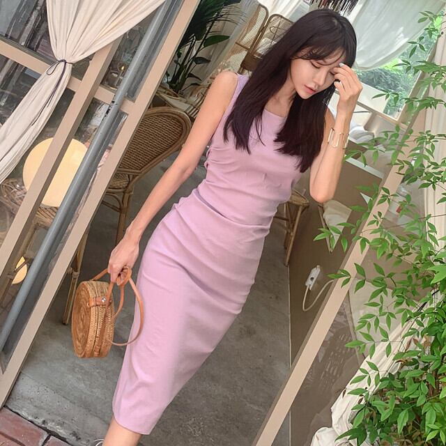 お呼ばれワンピース ドレス ミディアム ドレープ アシンメトリー ミディ丈 膝下丈 デート リゾート パーティー 無地 ノースリーブ タイト パープル S/M/L/XL