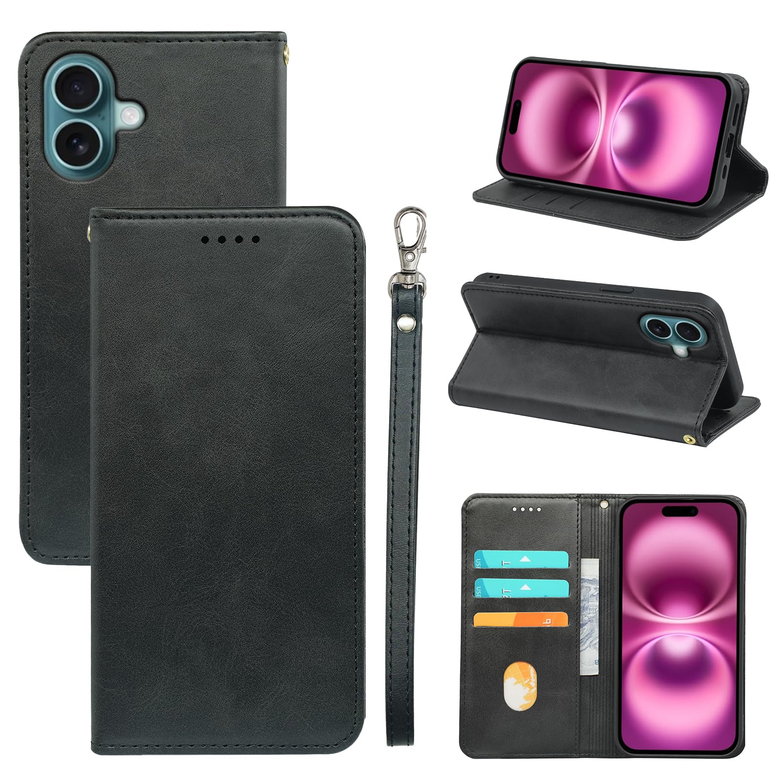 iCarez iPhone 16 用 ケース 手帳型 PUレザー TPU 耐衝撃 マグネット式 ブラック BQC-CKIC-16