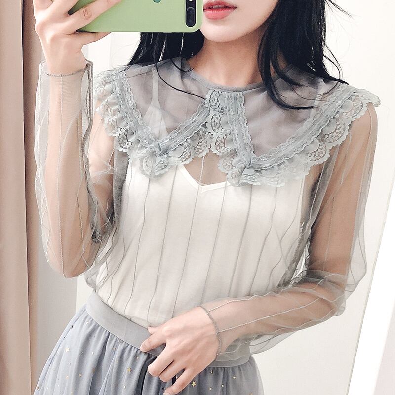 トップス レディース 4色 カットソー シャツ ブラウス 長袖 襟付き ビッグカラー レース 透け感 シースルー かわいい 大人可愛い きれいめ 上品 エレガント 清楚 フェミニン おしゃれ お洒落 ナチュラル こなれ感 ラブリー キュート ガーリー ロマンチック 抜け感 華やか 存在感 OL 通勤 学生 通学 デート お出かけ 女子会 フリーサイズ ホワイト 白 ブラック 黒 ブラウン 茶色 グレー 灰色 春 夏 10代 20代 30代 韓国 韓国系 着回し 普段使い インスタ 送料無料