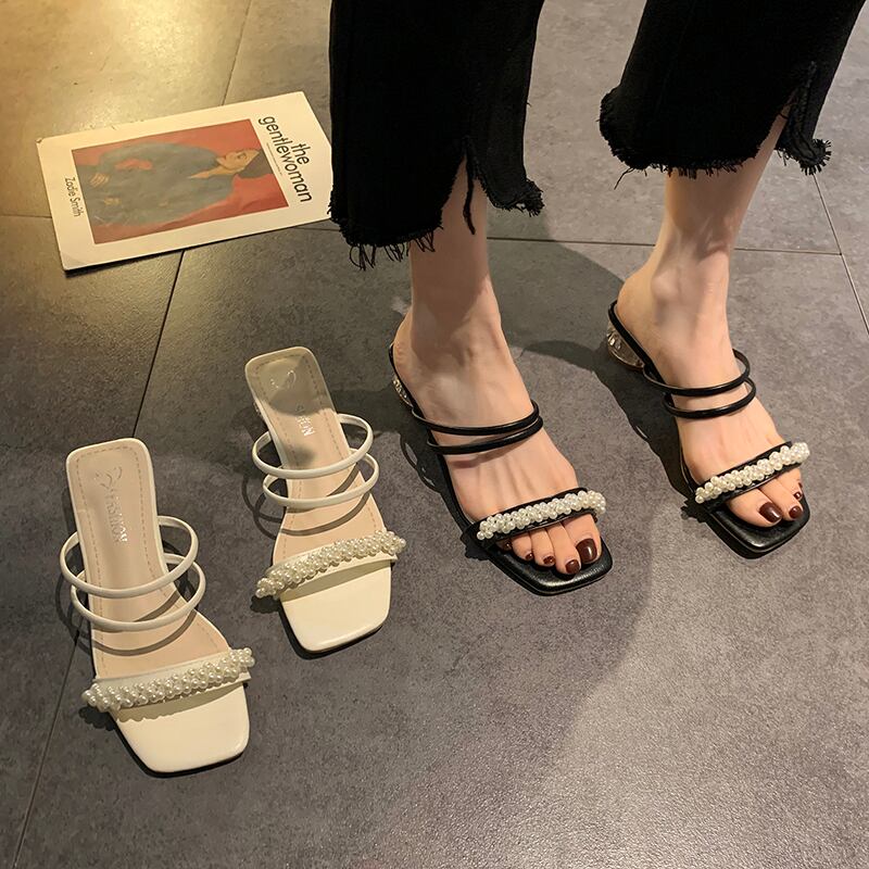 パールサンダルミュールサマーレッドクリスタル 靴 シューズ 夏物 真珠 部族の婦人靴21986583167