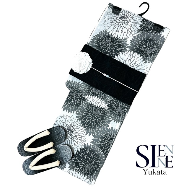 浴衣ジェンヌ 浴衣5点セット 黒 白 グレー 菊  ゆかた 半幅帯 浴衣