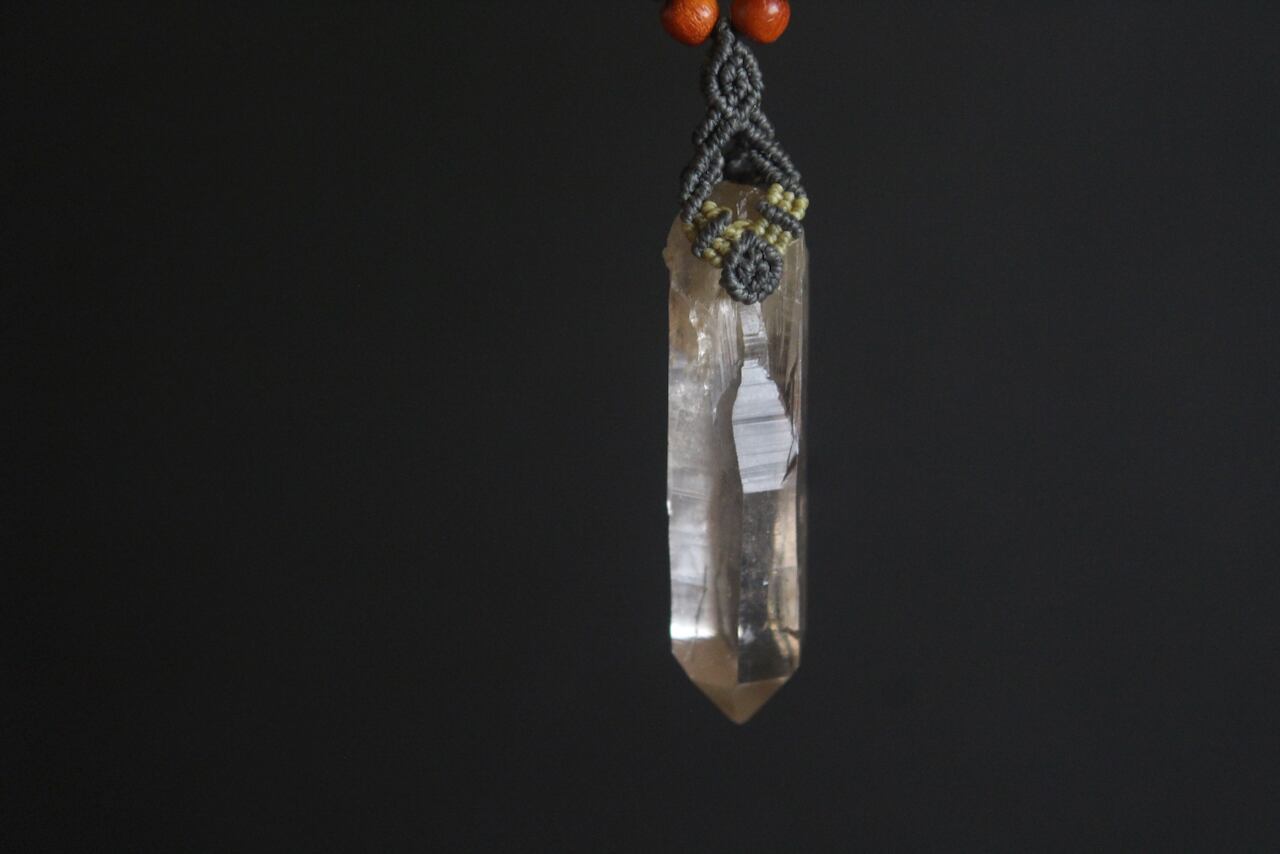 Himalayan crystal micro macrame wood pendant