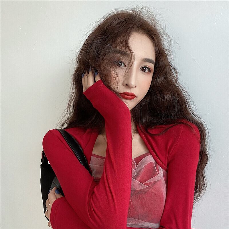 メッシュステッチスクエアネックスリム長袖ニットセータートップレディース2020秋新作ショートインナーベースシャツ ブラックストロベリース9359292603