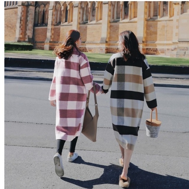 ニットワンピース 韓国 秋 冬 チェスターコート レディース ロングコート アウター チェック レトロ ウール 大きめチェック カジュアル Basecamp49