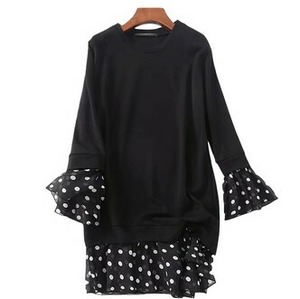 【送料無料】 ワンピース 春 秋 袖コンシャス ベルスリーブ ドット ラウンドネック フリル ミニ丈 レトロ ブラック ゆったり 着回し お洒落 可愛い 大人カジュアル 上品 デート 女子会 通勤 OP-001KB