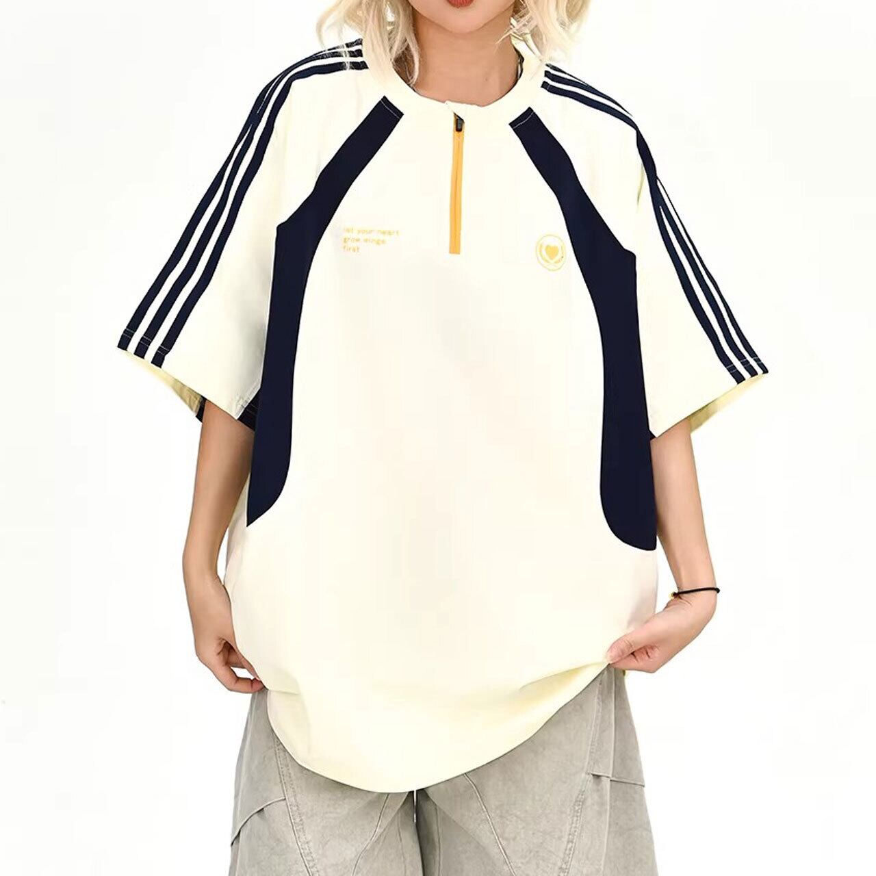 トラックラインコントラストパネルショートスリーブトップス 3col R02123