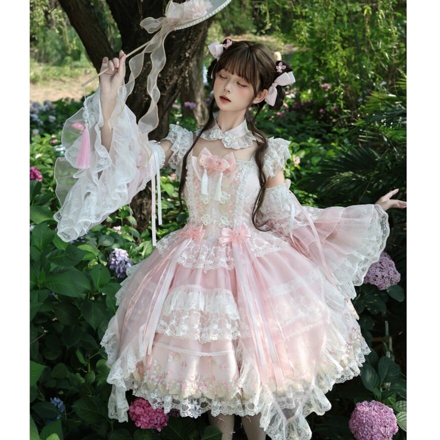 桃花の夢庭園 ピンクレース重ねバックリボン付き甘ロリ3点ジャンスカ