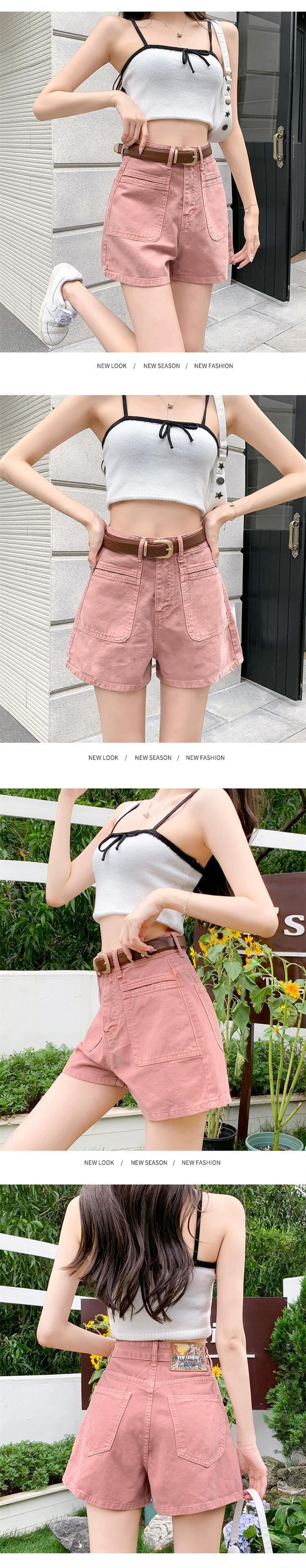 ピンクデニムショートパンツレディース夏見え細身ハイウエストAライン