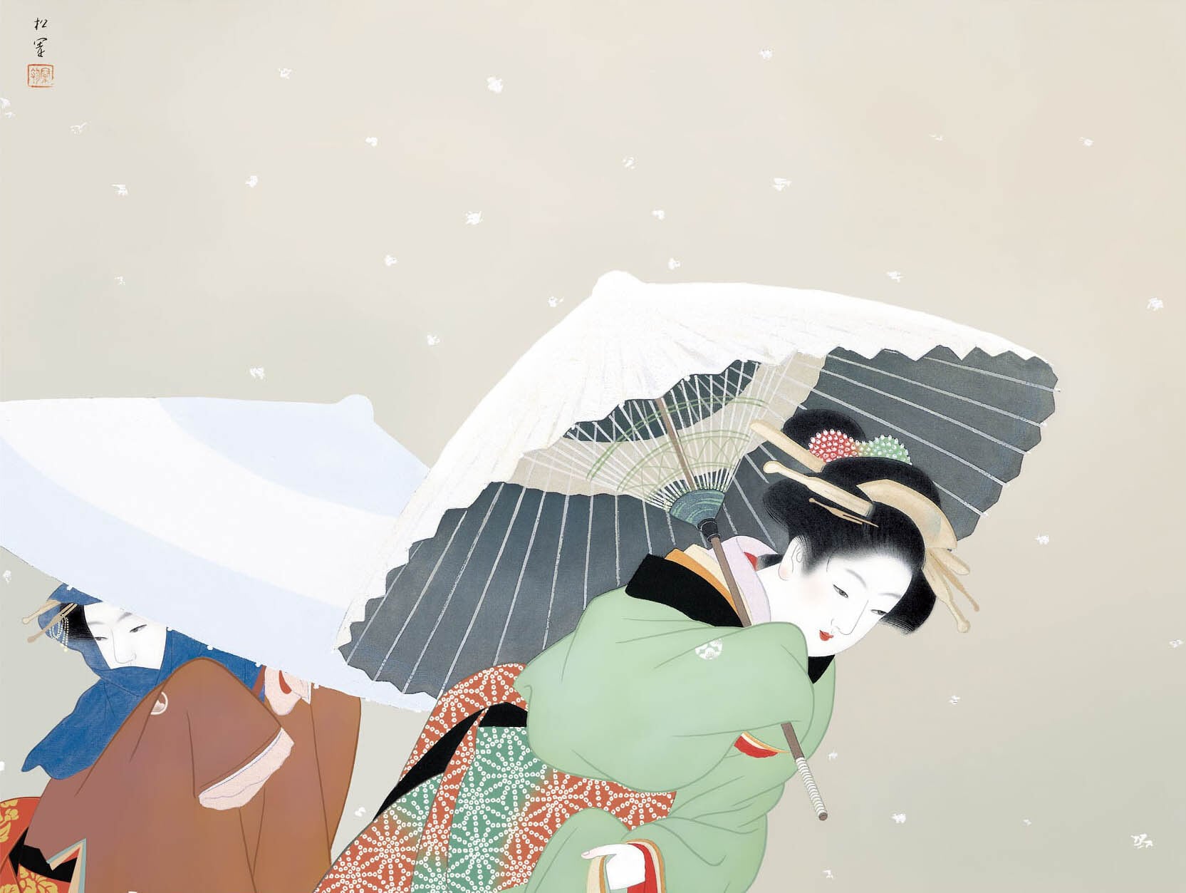 日本画 上村松園「雪牡丹」高精彩巧芸画