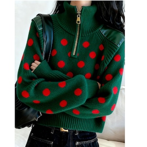 retro green polka dot zip sweater<t3175>