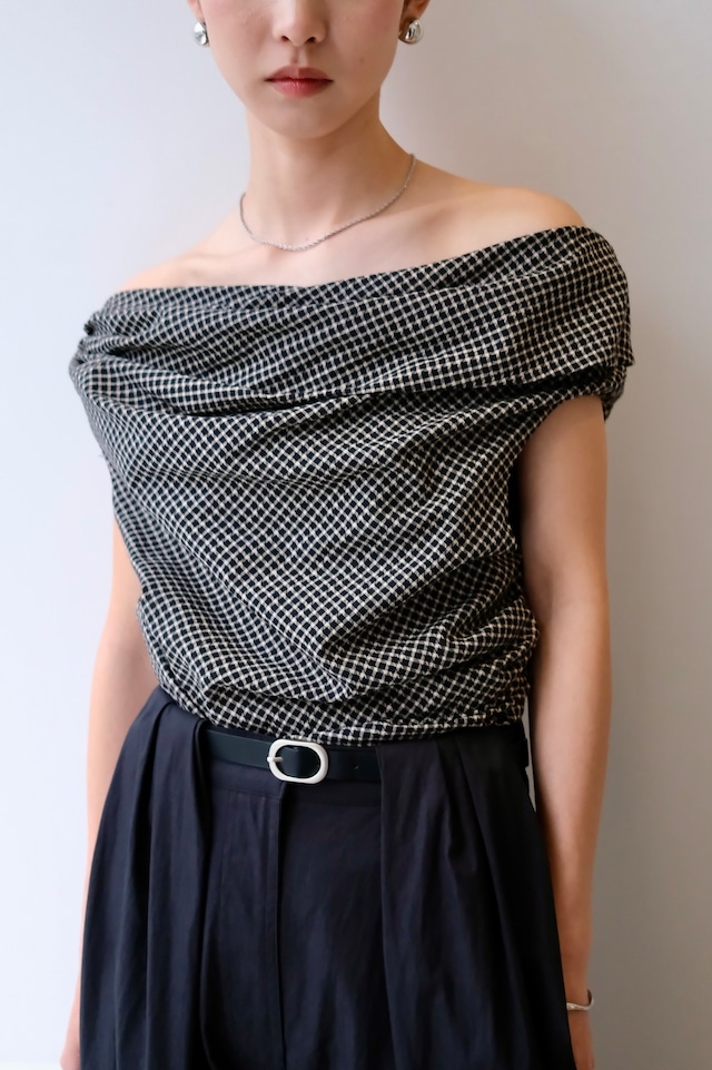 WILLFULLY  asymmetry tuck gather off shoulder check tops アシンメトリータックギャザーオフショルダーチェックトップス　Black