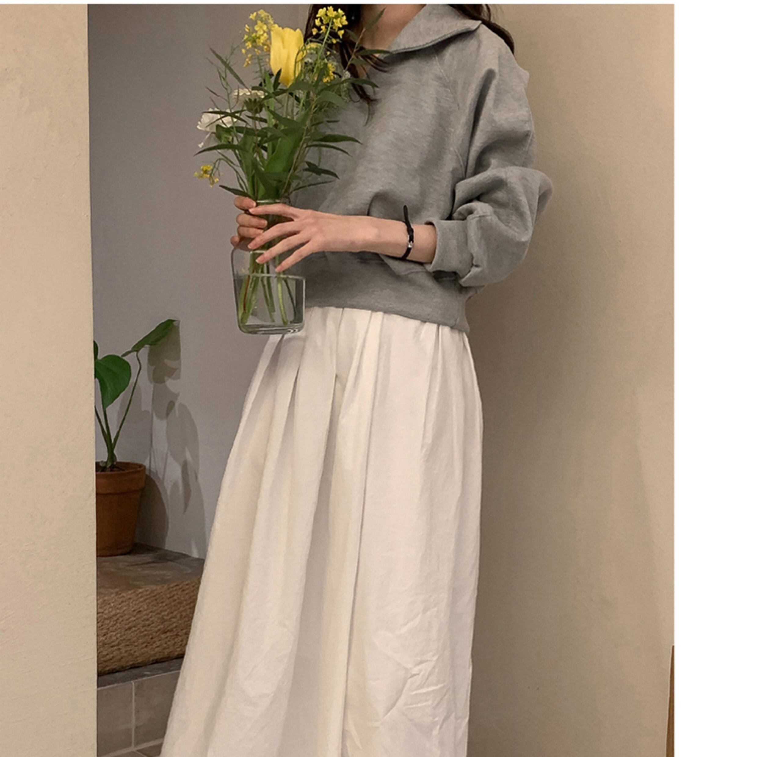 グレー パフスリーブ スウェット トップス トレーナー スウェット トップス Vネック 襟付き ラージカラー