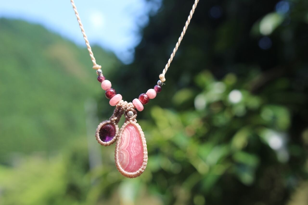 Rhodochrosite  & Rhodolite Garnet micro macrame  pendant