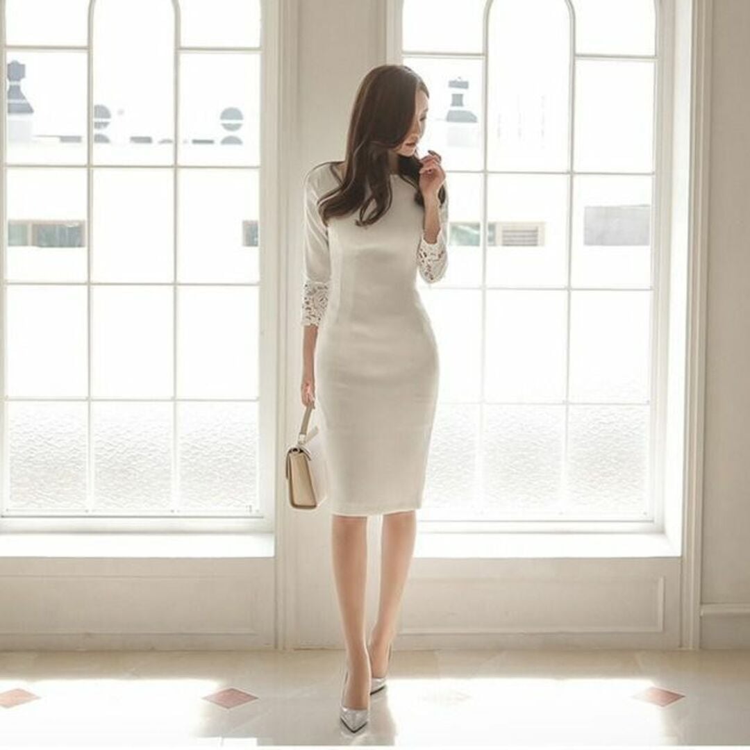 レディース XL ホワイト 白 袖レース タイト ひざ丈 ワンピース 7分袖