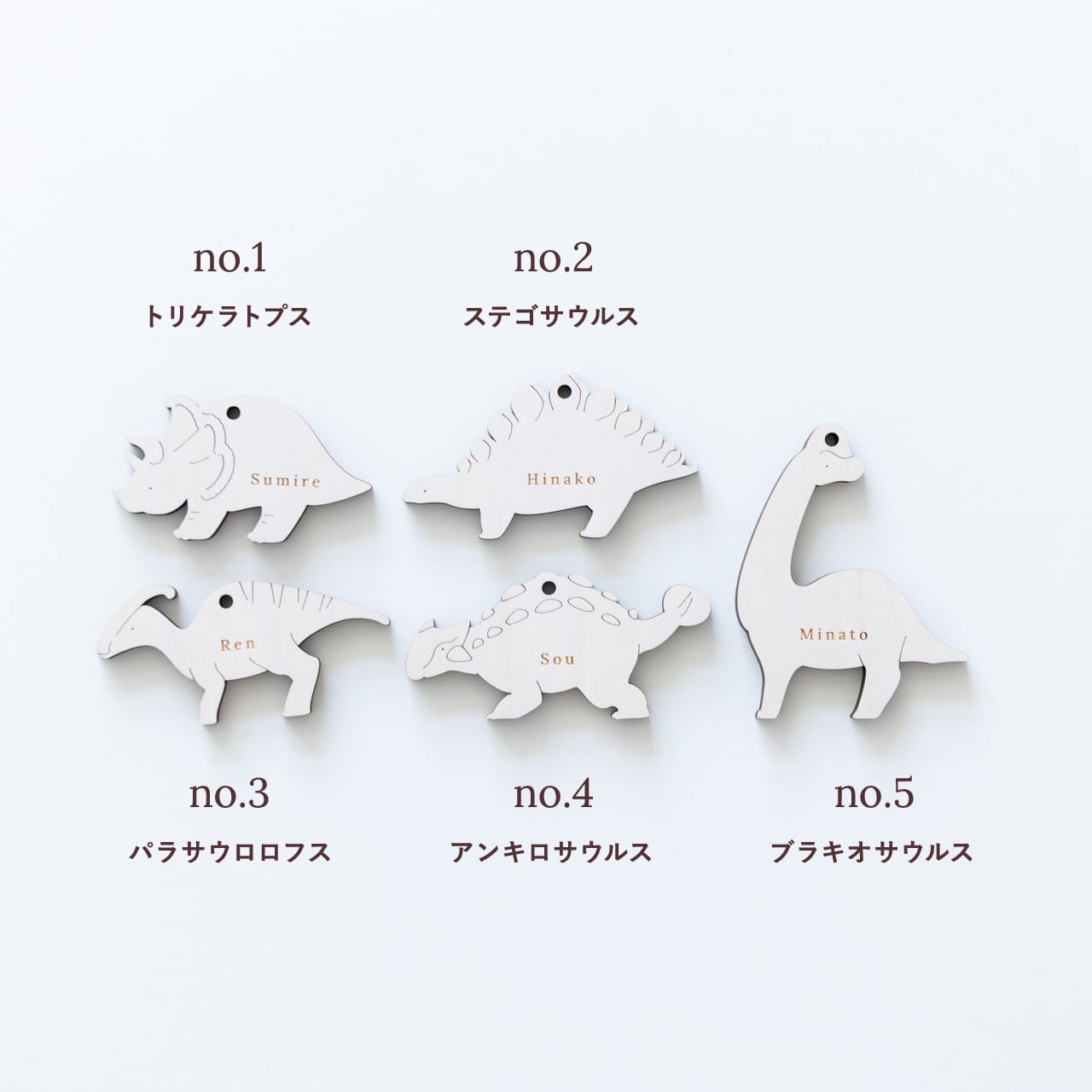 2点セット〉恐竜⌇子供席札・チャーム・タグ, 名入れ, 木製「Herbivore