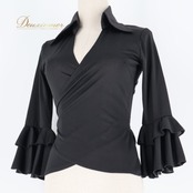 フラメンコ 衣装 ブラウス トップス ブラック系 黒 無地 伸縮 ストレッチ リボン フリル レッスン 練習着 ダンス パーティ 発表会 襟 シンプル 薄手 軽い 伸びる フラメンコレッスン用 ダンスレッスン用 ステージ衣装 練習服 レディース 女性用