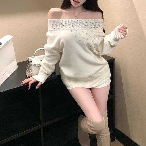 【2点セット】ビジューデコオフショルニット＋ショートパンツ ・73665