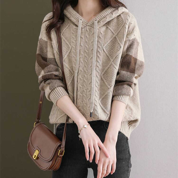 レトロチェック×ケーブルニット フード付きレディースパーカー A10012