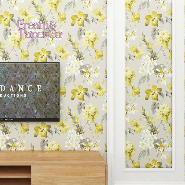 ウォームグレー × イエロー Tropical flower FL1-778001MT for DIY 53㎝×10m リピート53㎝