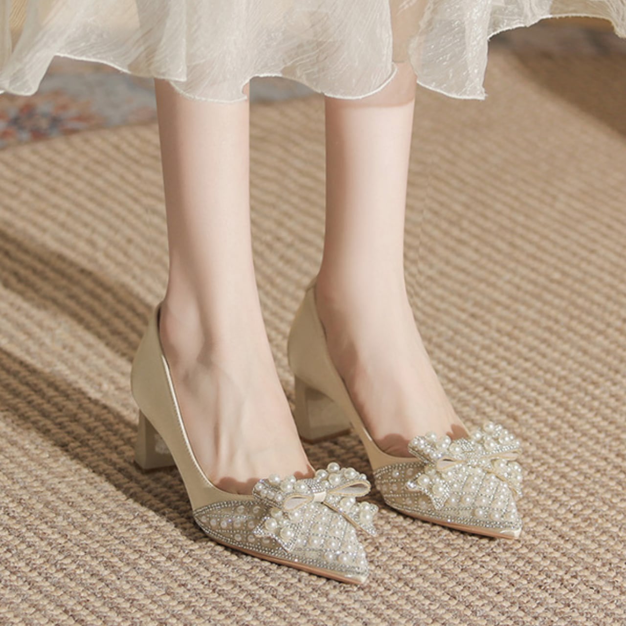 パール リボン ハイヒール パンプス