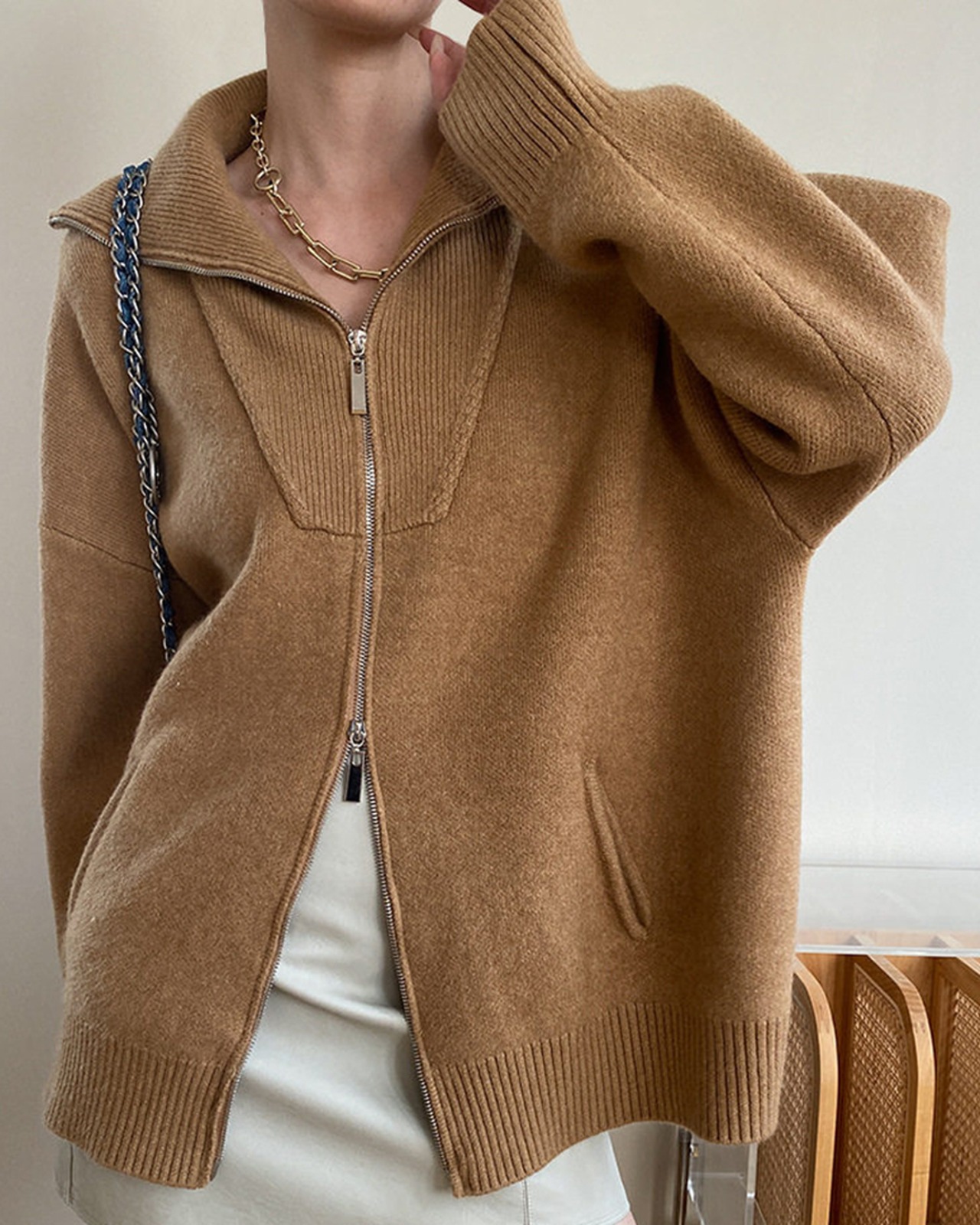 ダブルジップビッグカラーニットジャケット 4color A0768 - 13