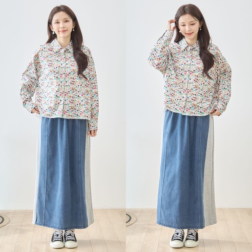 【M〜L】デニム×カットソー　スカート　ウエストゴム(N42-213)