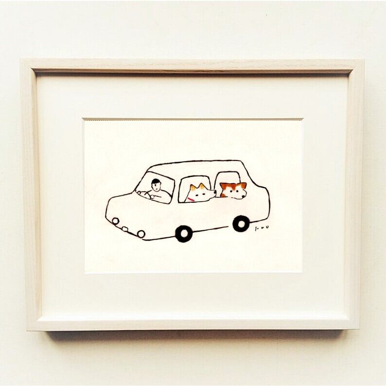 原画・イラスト】「ドライブ」 ※木製額縁入り（インチサイズ）犬の絵