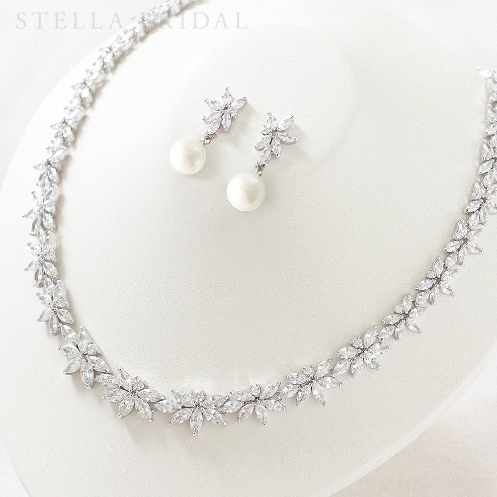 【レンタル】キュービックジルコニア ウェディングジュエリーセット アカシア ドロップパール / ネックレス&イヤリング