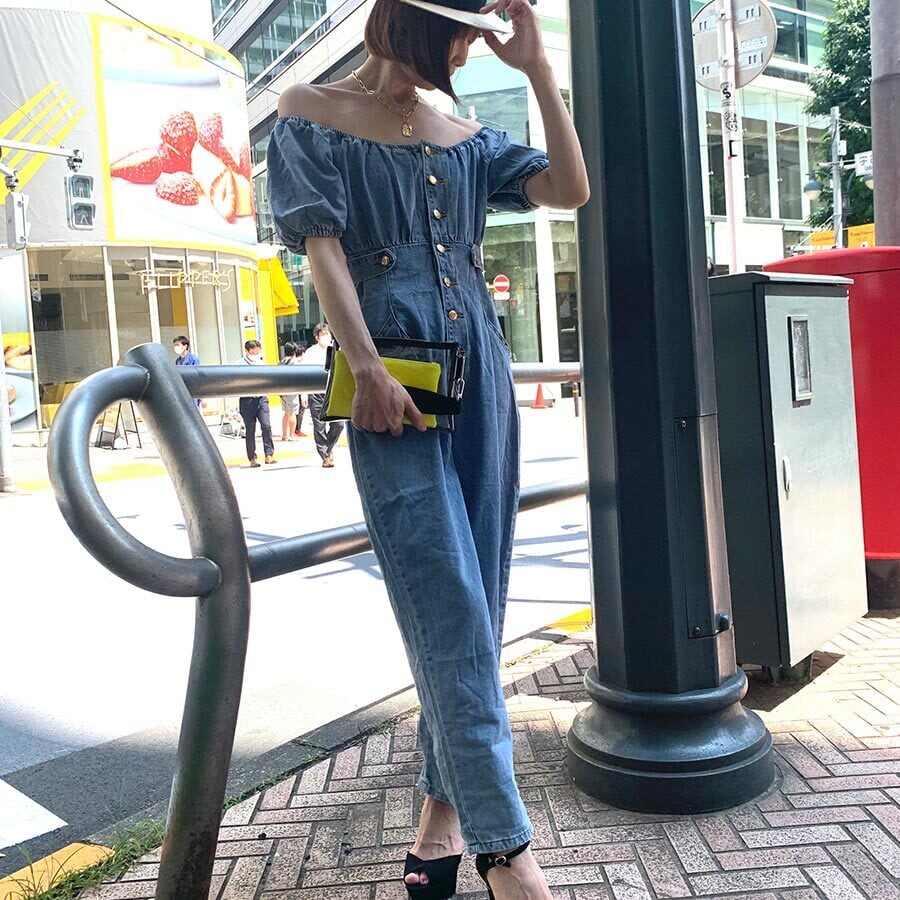 オールインワン デニム サロペット ショートパンツ パフスリーブ 超激安特価 サロペット