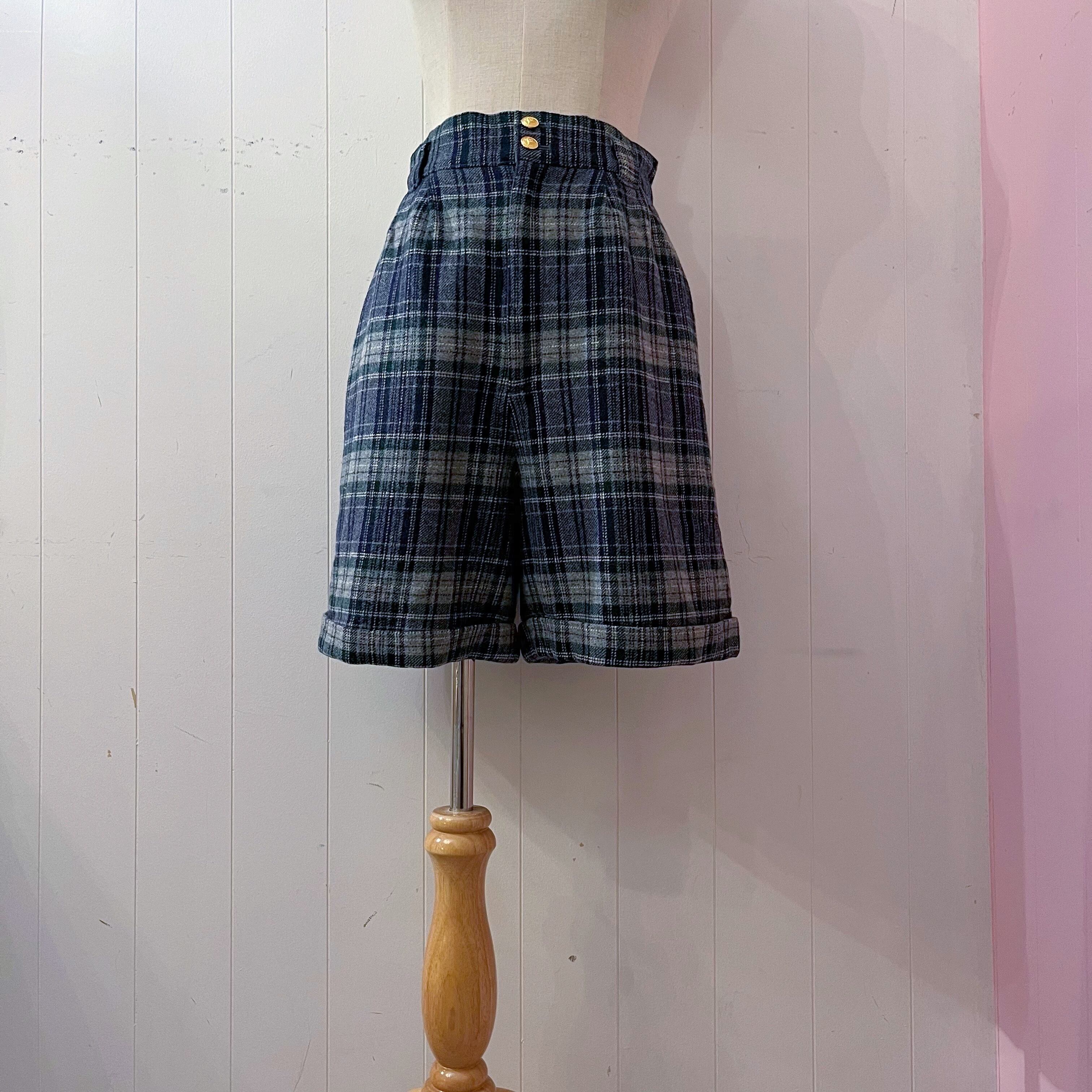 gold button blue check pants