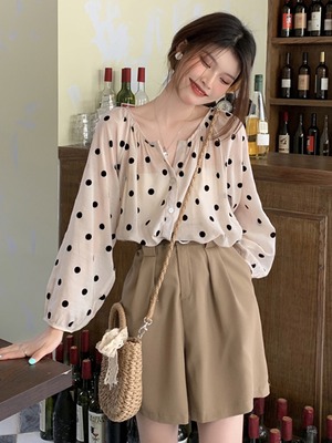 【韓国通販 dgo】dot pattern french chiffon shirt（B0914）