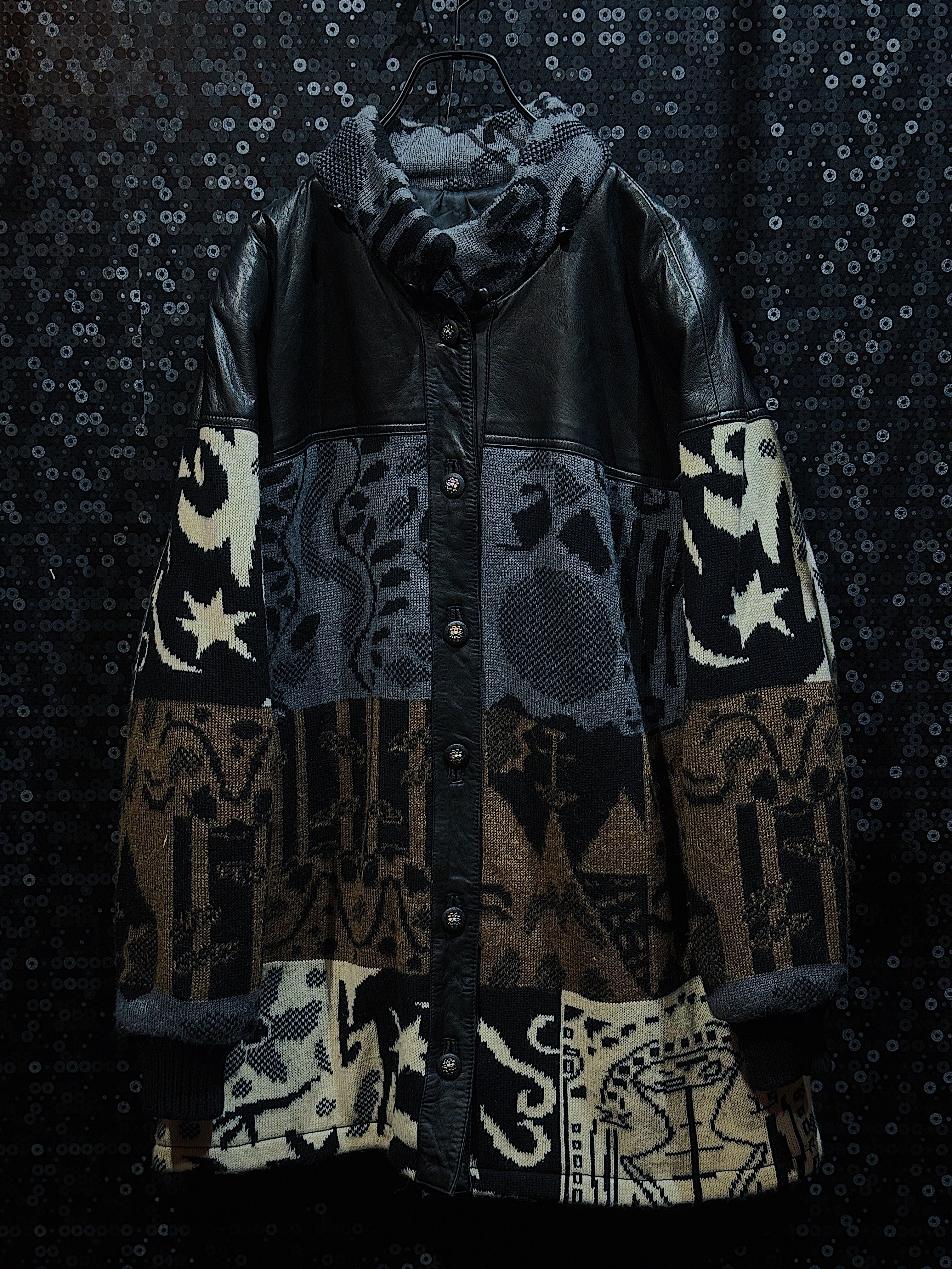 "ITALY LAMBSKIN"vintage leather docking Knit jacket