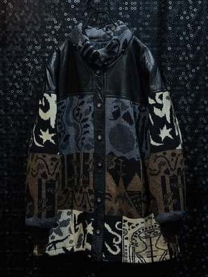 "ITALY LAMBSKIN"vintage leather docking Knit jacket