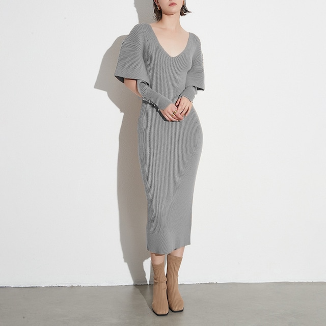 カットアウトスリーブ リブニットワンピース ライトグレー OP00177
