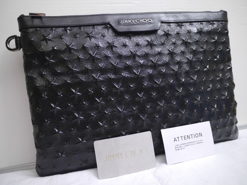 12万★JIMMY CHOO ジミーチュウ DEREK デレク A4対応 スターエンボス グレイニー レザー クラッチ バッグ 黒★ 使い勝手の良い大きめサイズ