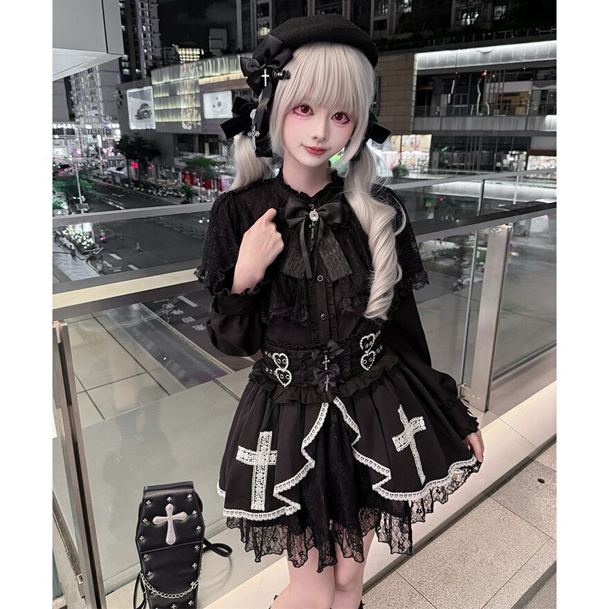 アイボリー フリル リボン ゴスロリブラウス ゴスロリ ブラウス フリルケープ×リボン装飾 白黒配色 クラシカル