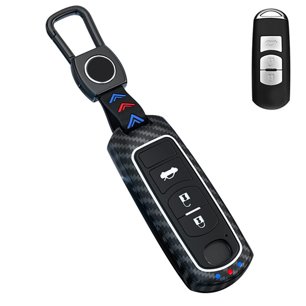 【新着特価】互換/代替品 キーケース マツダ用 スマートキーケース キーカバー 3ボタン ABS キーホルダー (ブラック カーボン)