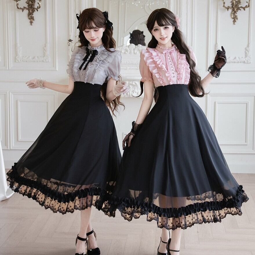 ロリータファッション ガーリー系ロングワンピース フェイクツーピース