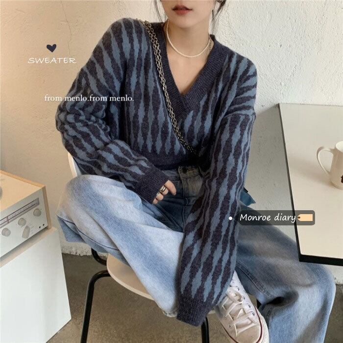 スタイルVネックセーター レディーススプリングルーズショートトップス 春物 モンロー31728836040