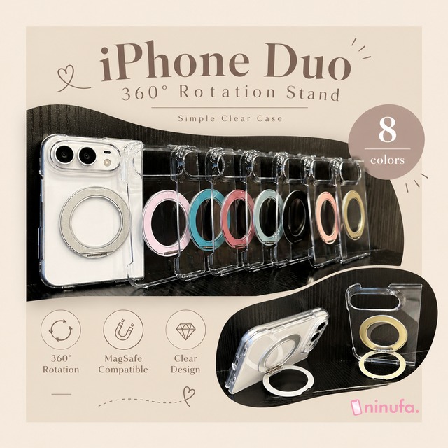 送料無料【iPhone Duo】360度回転 カラースタンド付き クリアケース MagSafe対応 シンプル 折りたたみスマホケース 全8色 ND-16789