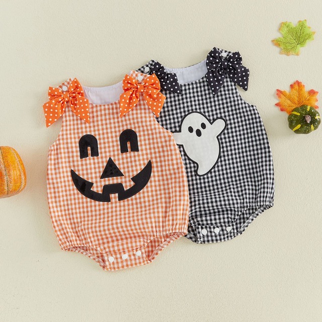 【ハロウィン】チェックかぼちゃロンパース