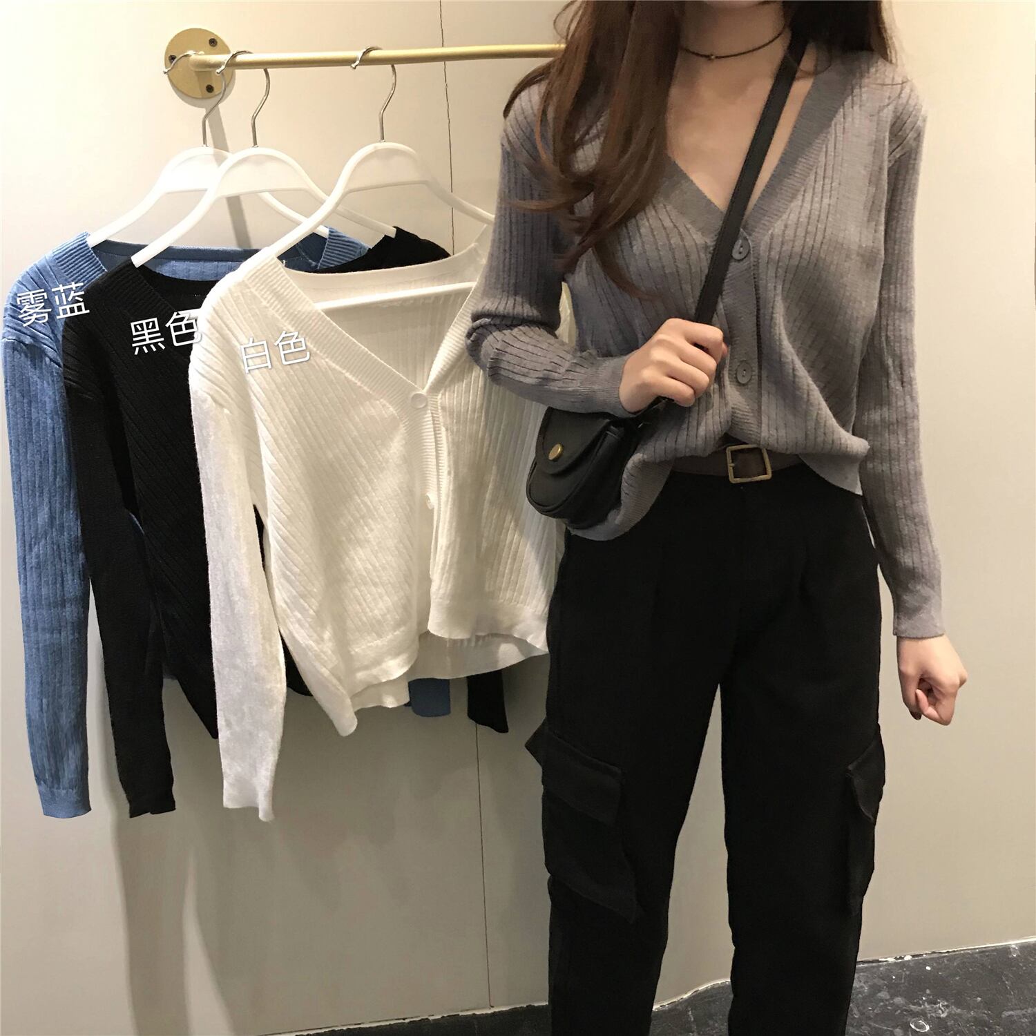 セーター2020新秋ショートニットセーター秋長袖カーディガンレディースジャケットやさしい風Vネックトップ 1号婦人5561910360