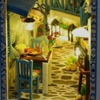 DIY ブックエンド ミニチュア ハウス 手作り 組み立て 模型 クリエイティブ 誕生日 プレゼント クリスマス おしゃれ インテリア ホリデー 木製 3Dパズル ホワイト ライトブルー LEDライト